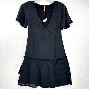 NWT Raga Sienna Mini Faux Wrap Dress Fully Lined Cotton‎ Gauze Black Small